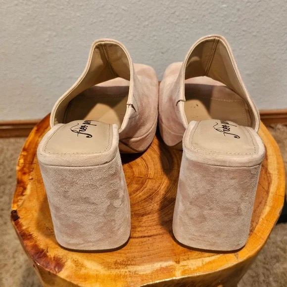 Free People Suede Platform Block Heel Mules Tan Square Toe 38 0004123152 - Picture 3 of 9
